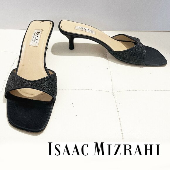 Vintage Isaac Mizrahi Black Open-Toe Mules Heels with Glitter Detail | Size 10B - Picture 1 of 14